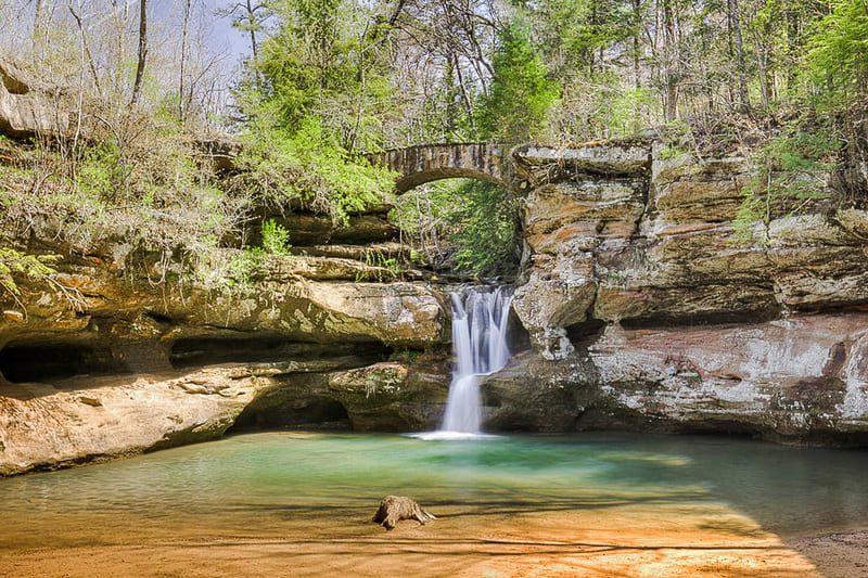 A photo of the Upper Falls in Old Man's Cave, one of the best hikes in Hocking Hills with a trail that fits moderate hikers.